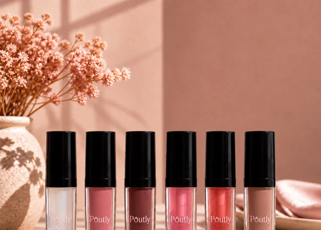 A beauty still life of Poutly lip oil bottles with soft pink florals and warm, natural light